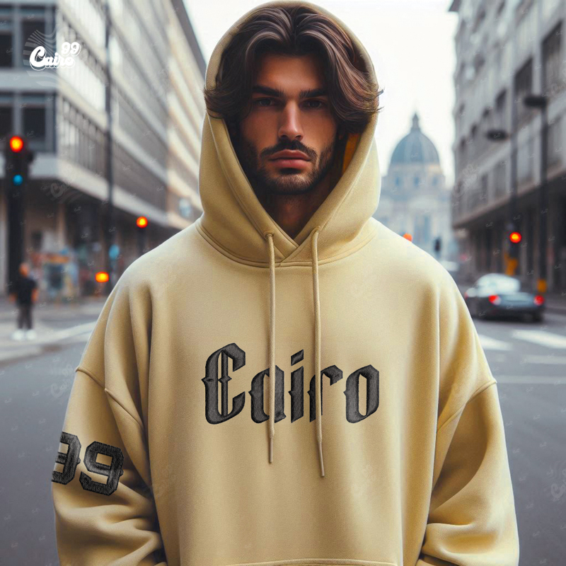 Cairo99 Needlework هودي اوفر سايز قطن للرجال باللون البيج