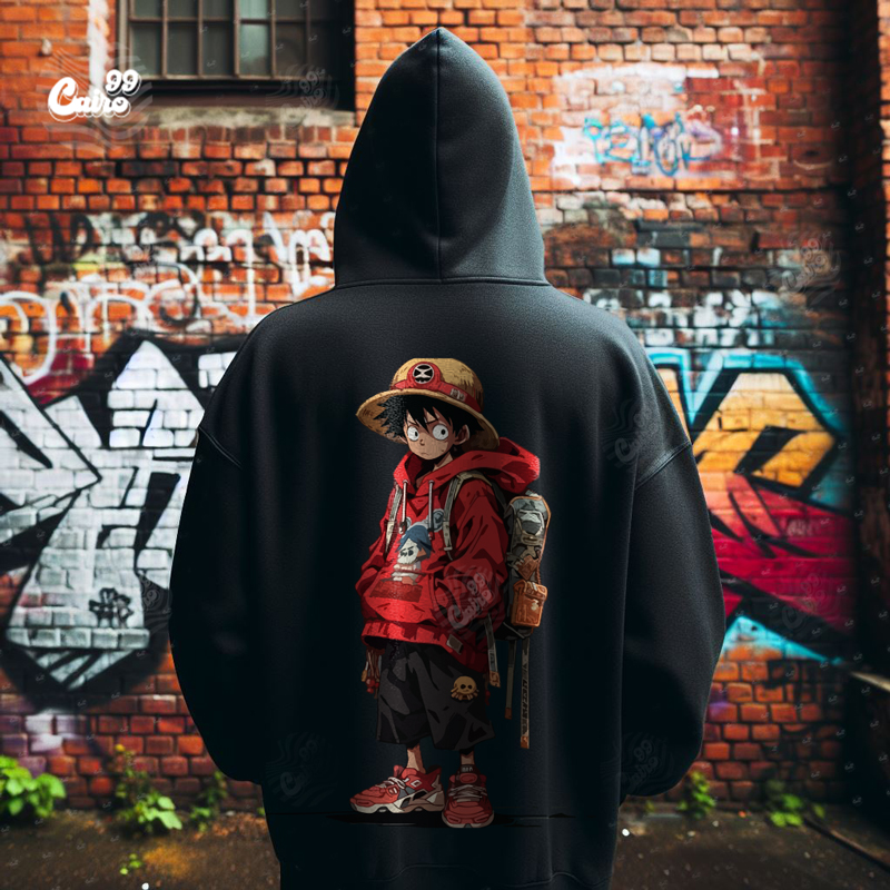 D Luffy هودي اوفر سايز قطن باللون الأسود