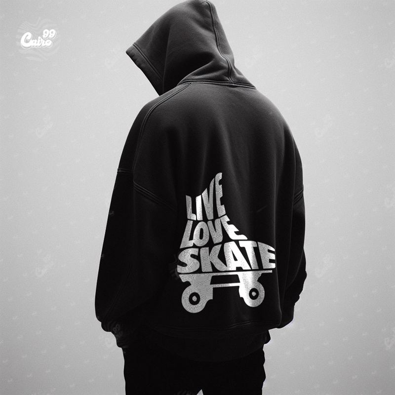 Live Love Skate هودي اوفر سايز قطن باللون الأسود