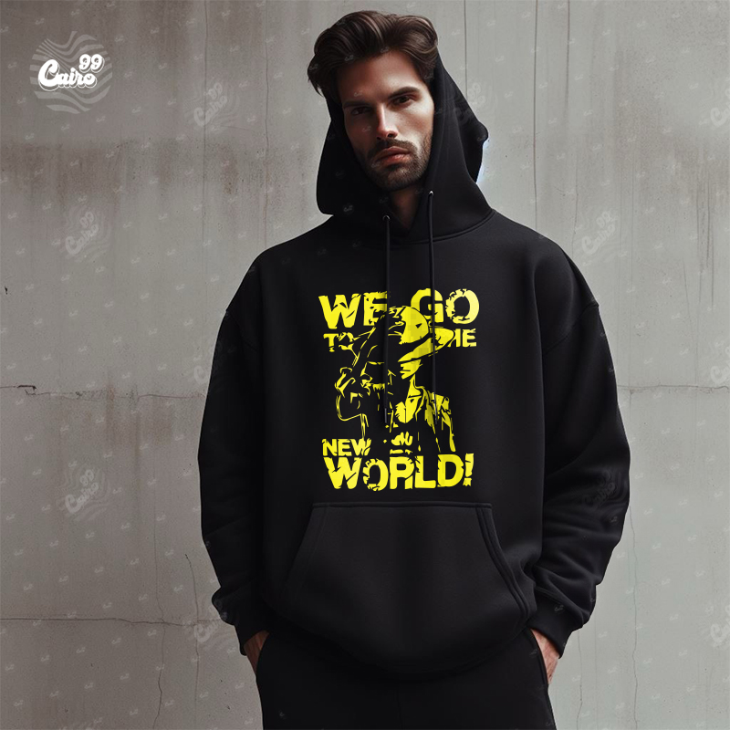 We Go To The New World هودي اوفر سايز قطن باللون الأسود