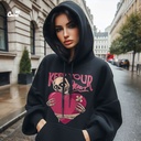 Keep Your Heart  هودي اوفر سايز قطن باللون الاسود للنساء