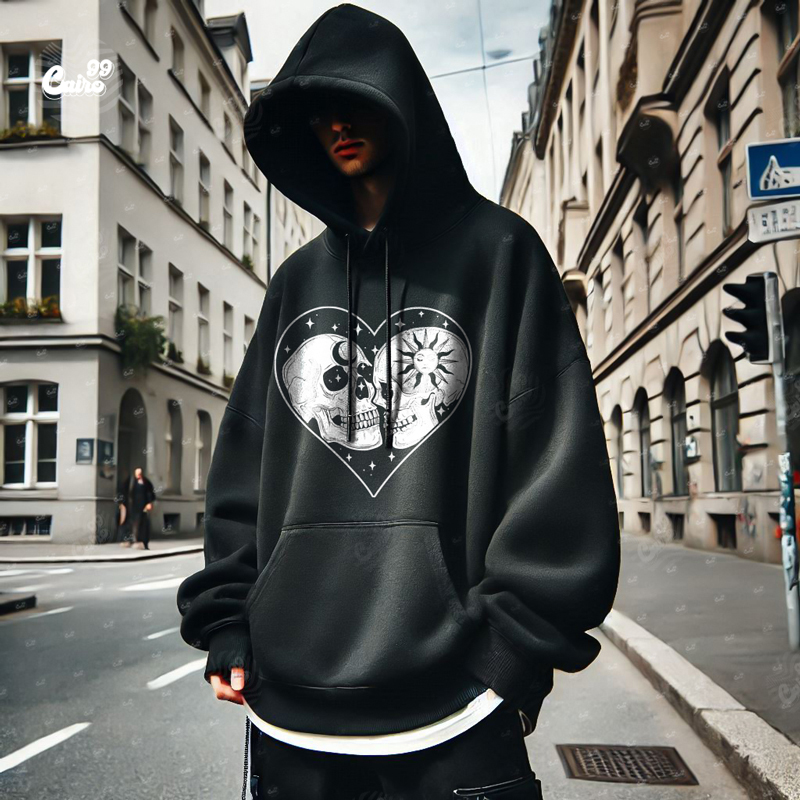 Sun &amp; Moon Forbidden Love هودي اوفر سايز قطن للرجال باللون الأسود