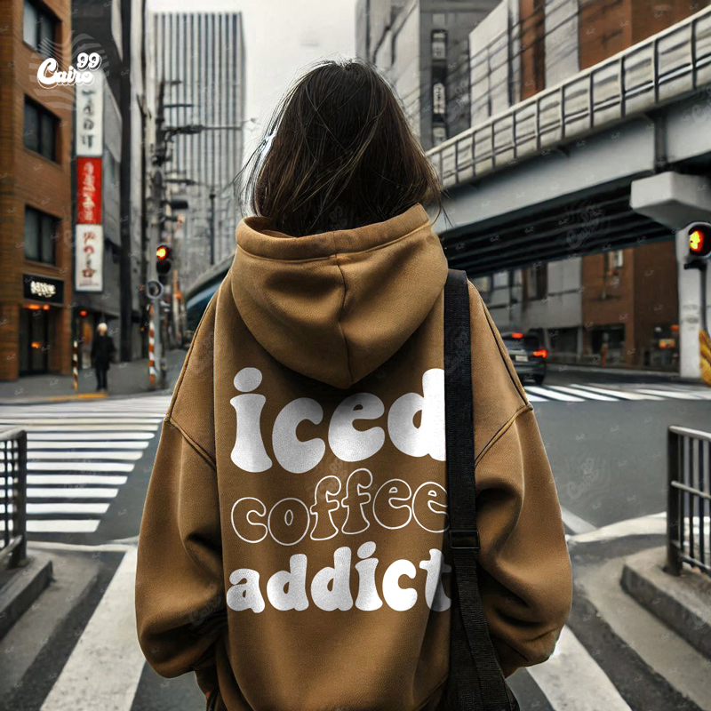 Iced Coffee addict هودي اوفر سايز قطن باللون البني