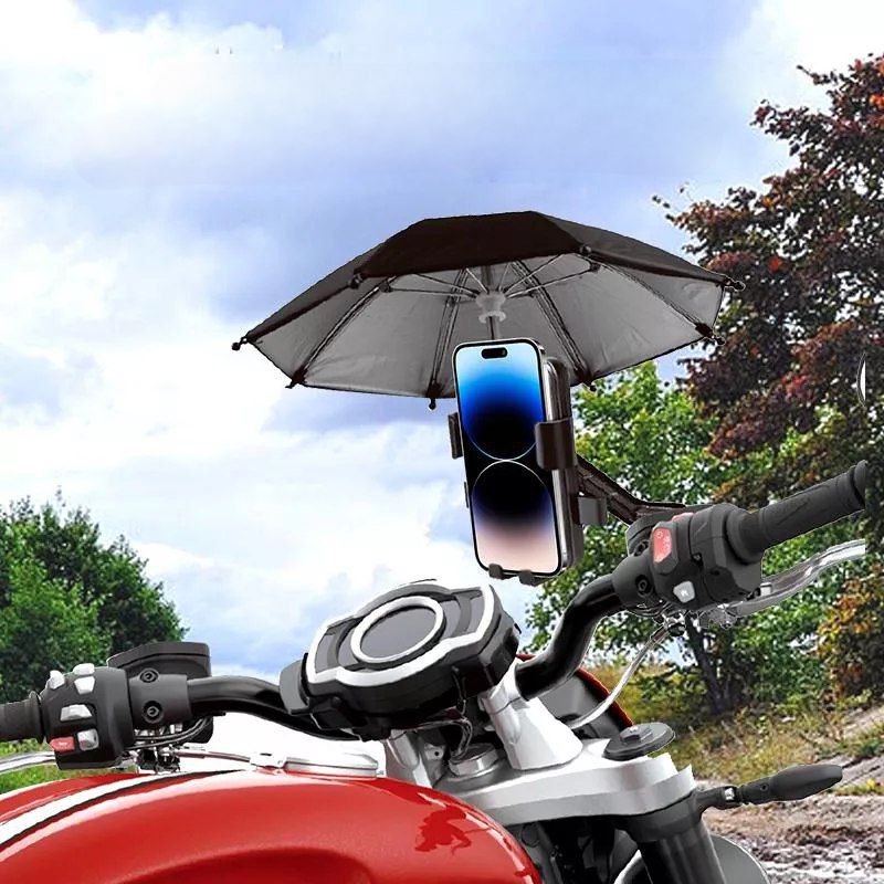 حامل موبايل للدراجات النارية مزود بشمسية ميني للحماية من الشمس والمطر
