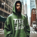 Take It Easy هودي اوفر سايز قطن للرجال باللون الزيتوني