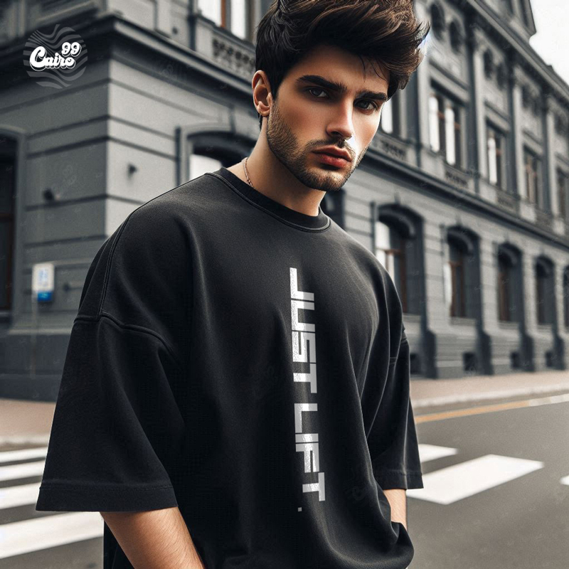 Just Lift . تيشيرت اوفر سايز قطن باللون الاسود للرجال