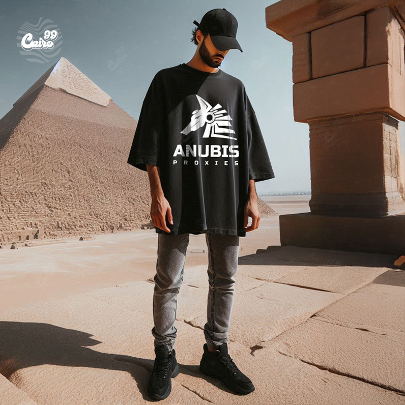 Anubis Proxies تيشيرت اوفر سايز قطن باللون الاسود للرجال