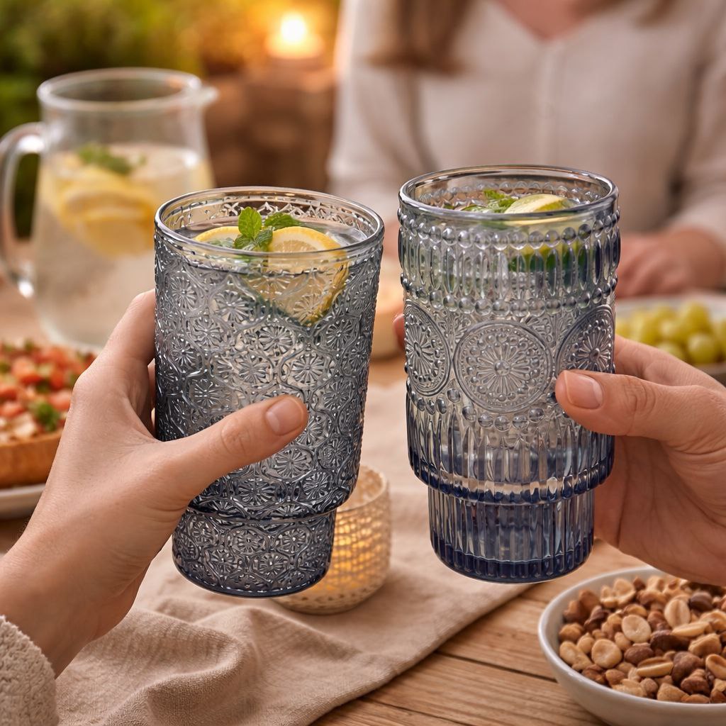 طقم كوبايات زجاج مزخرف باشكال مختلفة باللون الرمادي 6 قطع