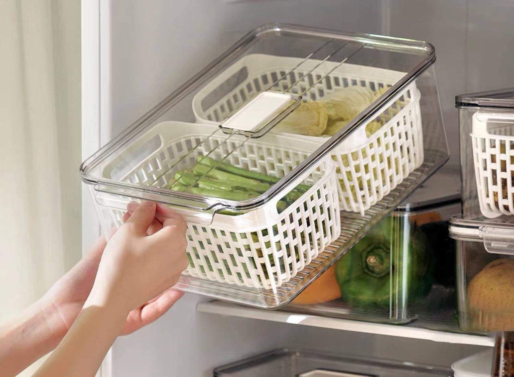 علبة ثلاجة لحفظ وتخزين الطعام اكليريك مع 2 مصفاه داخلية بغطاء محكم الغلق