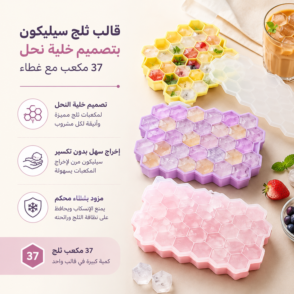 قالب ثلج سيليكون بتصميم خلية نحل ب 37 مكعب مع غطاء لعمل الأيس كوفي