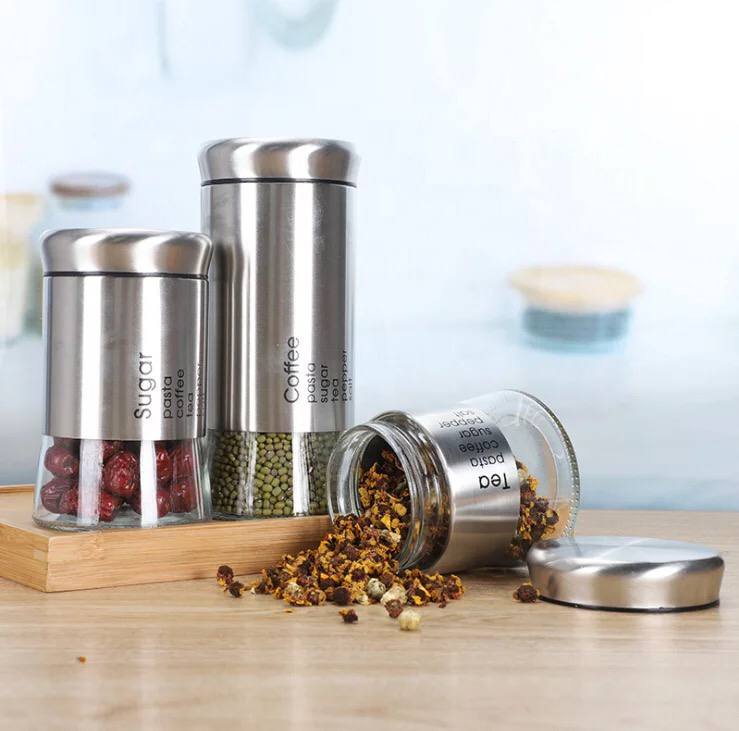 طقم توابل 3 قطع بمقاسات مختلفة لحفظ وتنظيم الفلفل والملح والشطة من الزجاج والاستانليس