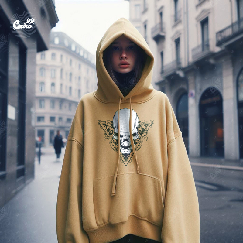 Death Head هودي اوفر سايز قطن باللون البيج