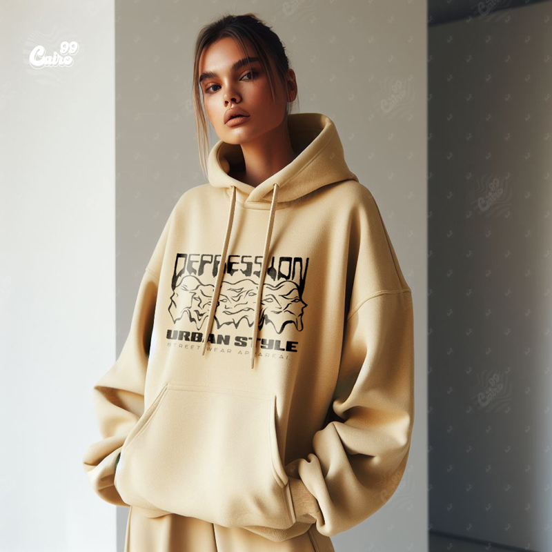 Depression هودي اوفر سايز قطن باللون البيج
