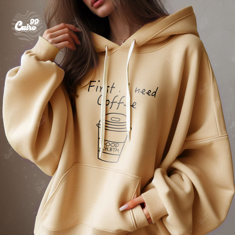 First . I Need Coffee هودي اوفر سايز قطن باللون البيج