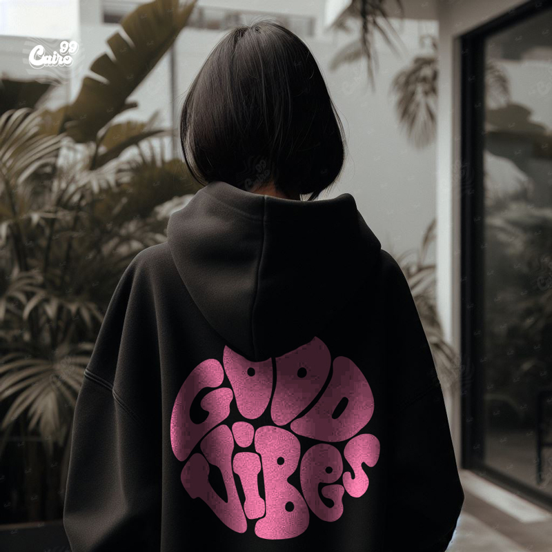 Good Vibes هودي اوفر سايز قطن باللون الأسود