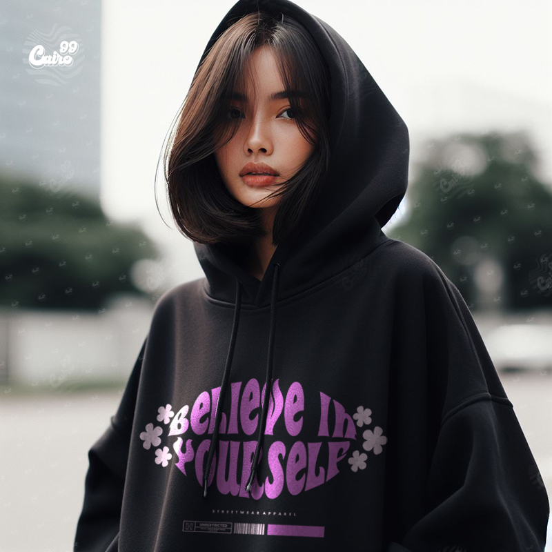 Believe in Your Self هودي اوفر سايز قطن باللون الأسود