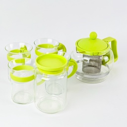 [HH00018833] براد بيركس بمصفاه استانلس مع سكرية و 4 كوب شاي زجاج بيد بلاستكية