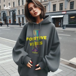 Positive Vibes هودي اوفر سايز قطن باللون الرمادي