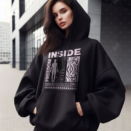 Inside Freedom هودي اوفر سايز قطن باللون الأسود 