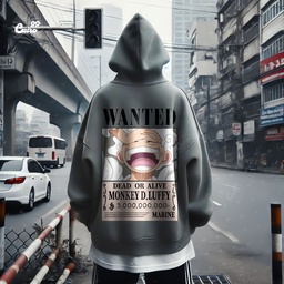 Wanted Monkey D Luffy Dead or Alive هودي اوفر سايز قطن باللون الرمادي