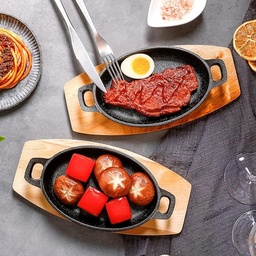 [HH00009976] طاسة حديد زهر غير قابل للصدأ بيد وقاعدة خشبية لسهولة تقديم الطعام علي السفرة بشكل شيك