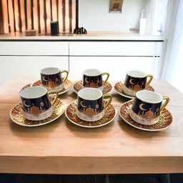 [HH00010370] طقم شاي 12 قطعة 6 مجات مع 6 اطباق بورسلين مزين برسومات رمضانية مبهجة