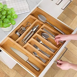 [HH00010667] منظم ادارج خشبي مقسم 9 خانات قابل للفرد لتنظيم المعالق والشوك والسكاكين وادوات التوزيع لسهولة الرؤية والاستخدام