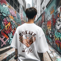 Create Your Life تيشيرت اوفر سايز قطن باللون الأبيض للرجال