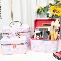 [HH00014059] مجموعة شنط جلد 3 قطع بماقسات مختلفة لتنظيم وحمل الميك اب مزينة بقلوب