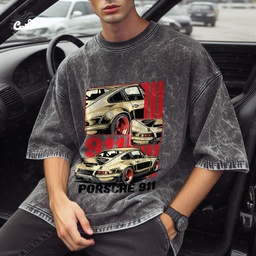 Porsche 911 تيشيرت اوفر سايز قطن باللون الرمادي للرجال
